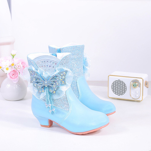 New Women's Children Princess Boots with High Heels Frozen Elsa Butterfly Bow Fleece Warm Children Mid-Calf Boots