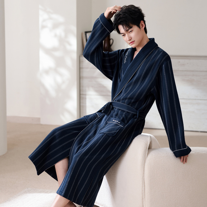 Men's Air Cotton Medium-Thick Pure Cotton Bathrobe Spring, Autumn and Winter Long Cotton Warm Bathrobe Thin Quilted Cotton Men's Air Cotton Medium-Thick Pure Cotton Bathrobe Spring, Autumn and Winter Long Cotton Warm Bathrobe Thin Quilted Cotton