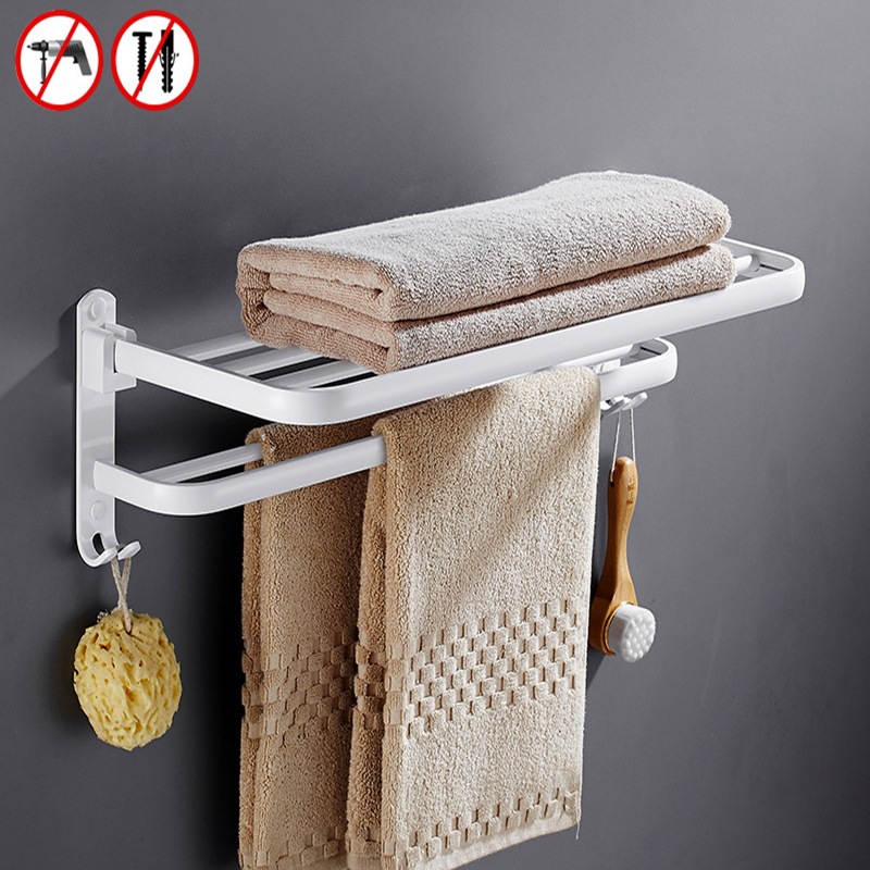 定制免打孔浴室收纳架太空铝毛巾架浴巾架黑色卫生间五金置物架套