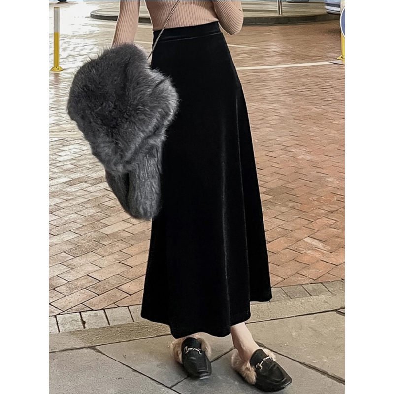 网图 丝绒半身裙女秋冬2025新款高腰垂感A字裙复古显瘦半身长裙|undefined