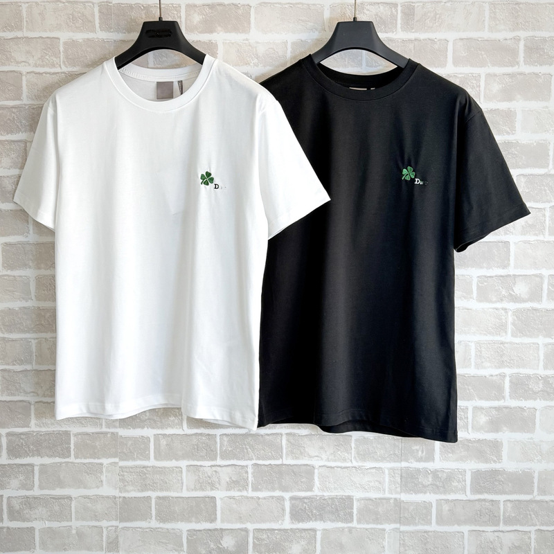 High-Quality D Brand New Style Letter and Four-Leaf Clover Embroidery Fashion Simple Versatile Round Neck Short-Sleeve T-Shirt for Men and Women