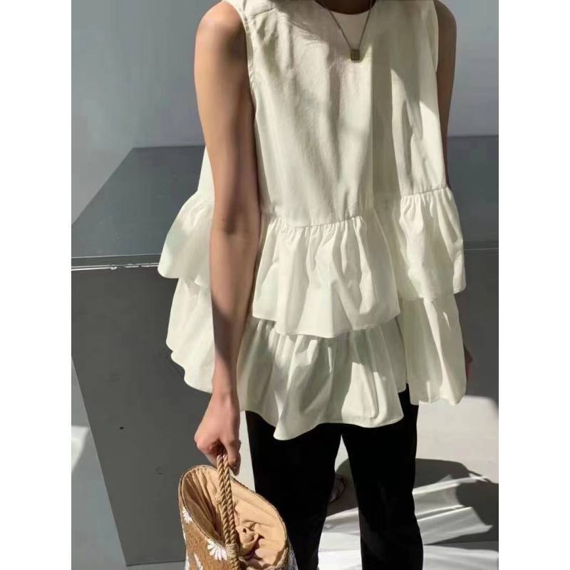 in stock Japanese Style Sleeveless Layer Ruffled Vest Shirt Women's Lace-up Puffy Doll Shirt Top