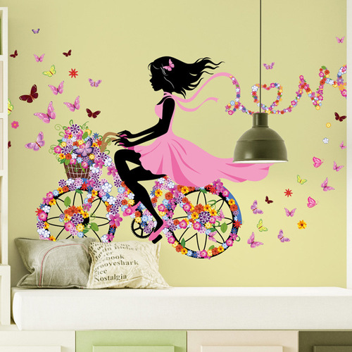 Bicycle flower fairy decorative back sticker girl elf butterfly English bedroom sticker wall sticker NC2-89
