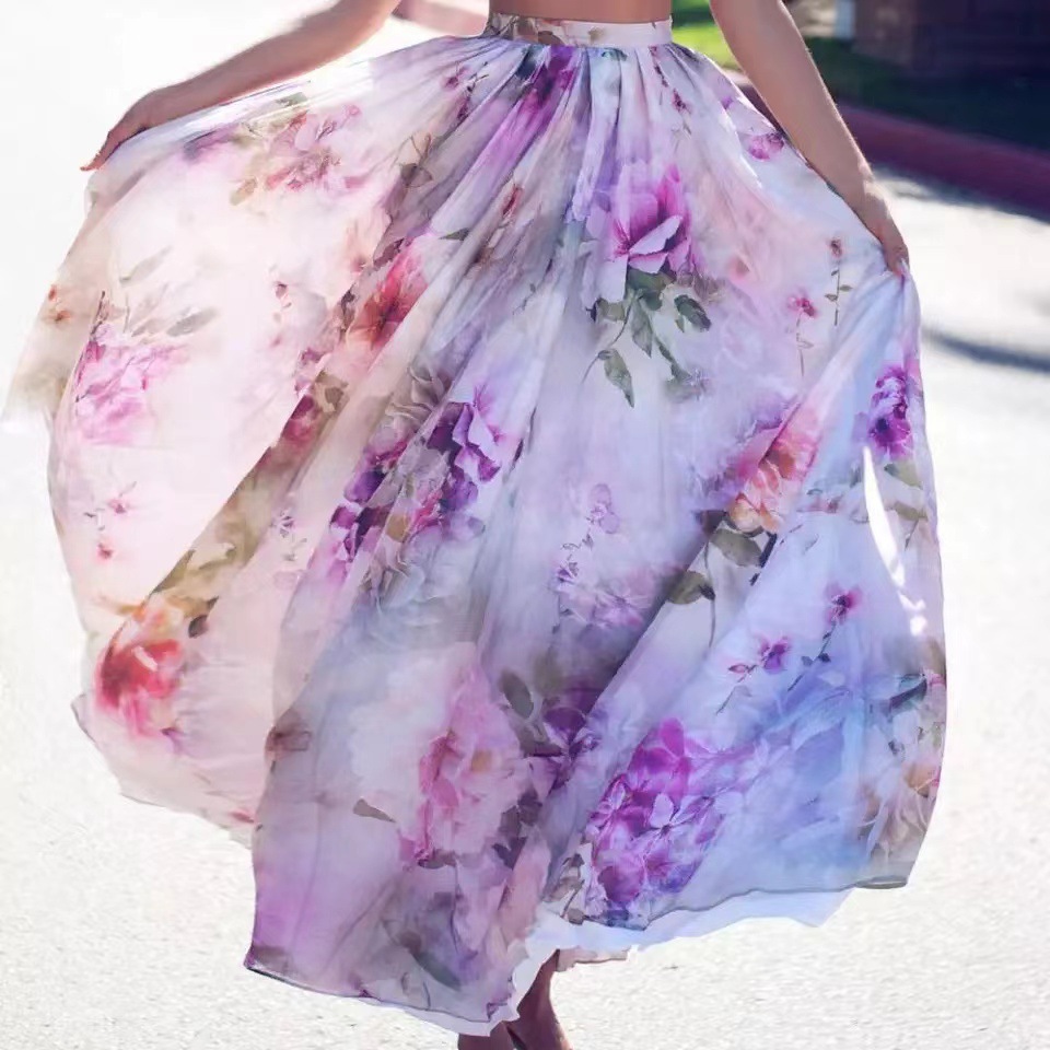 Moda lazer férias boêmio grande balanço impresso saia longa feminina de meio comprimento_voghion.com