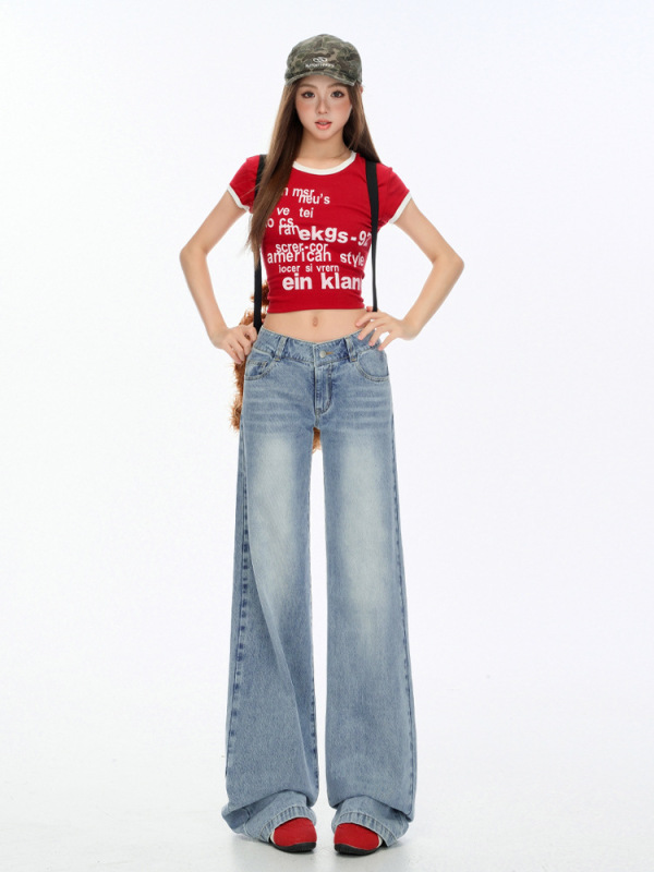 浅蓝美式复古牛仔裤女2025年夏季宽松低腰不贴腿窄版直筒阔腿裤子|undefined