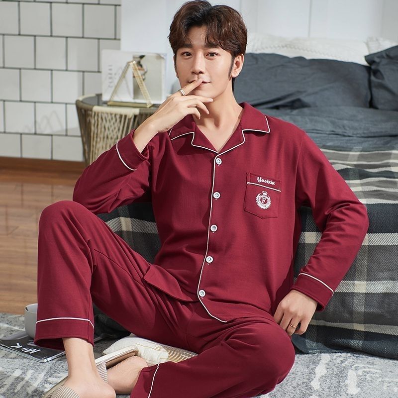 Pijamas de hombre 100% algodón de manga larga primavera y otoño pijamas de hombre joven Otoño e Invierno traje de homewear de mediados de verano