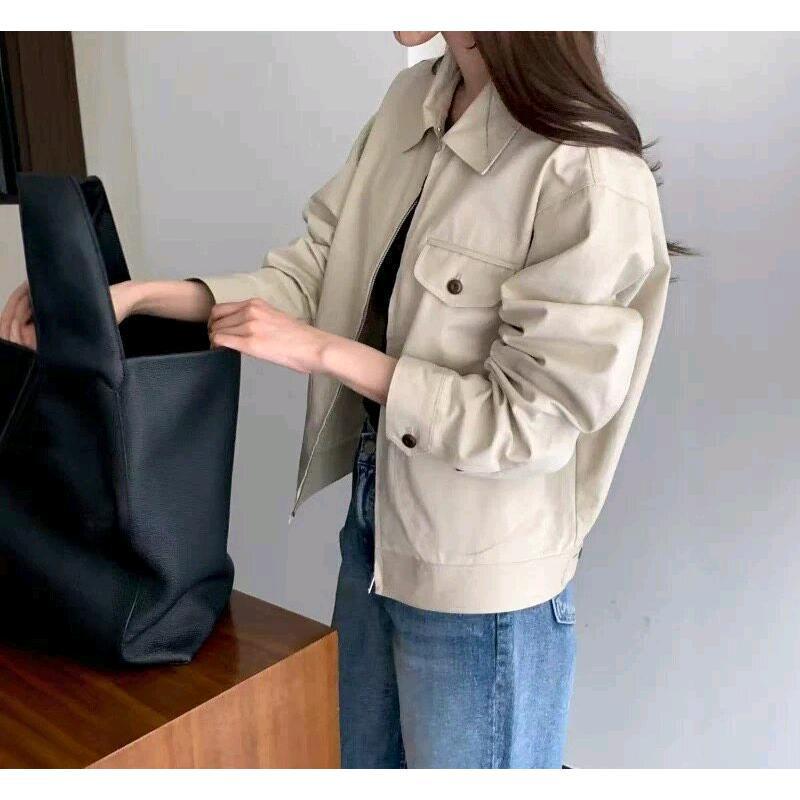 Korean Dongdaemun Cream Asymmetric Pocket Design Zip-Up Lapel Jacket