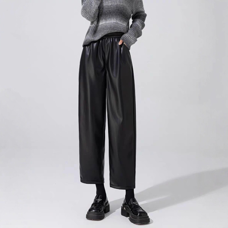 European-Style High-Waisted Pu Leather Pants, Spring and Autumn Hot Item, Loose-Fitting Cropped Wide-Leg Straight Casual Pants for Women