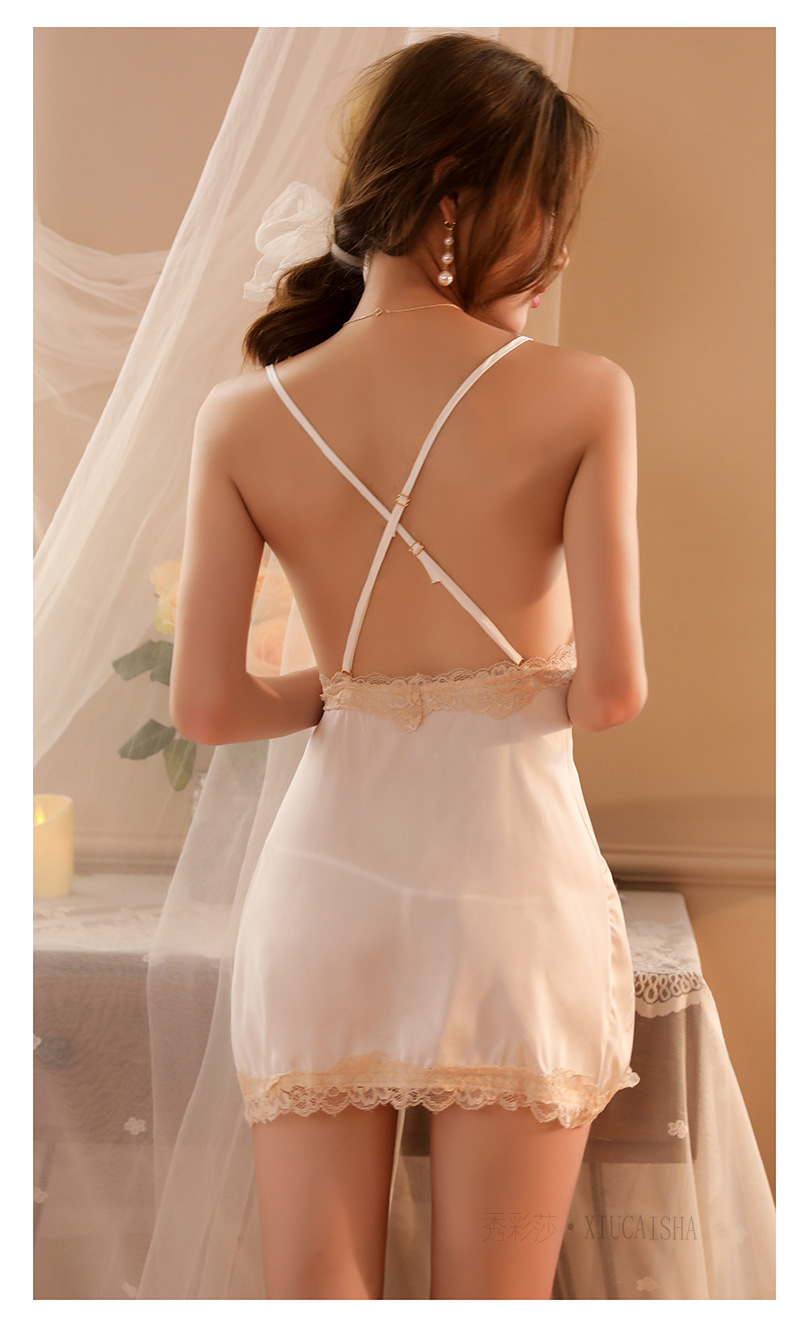 Lace Sling Babydoll Nightgown with Thong, Satin Blue One Size — detail image 29