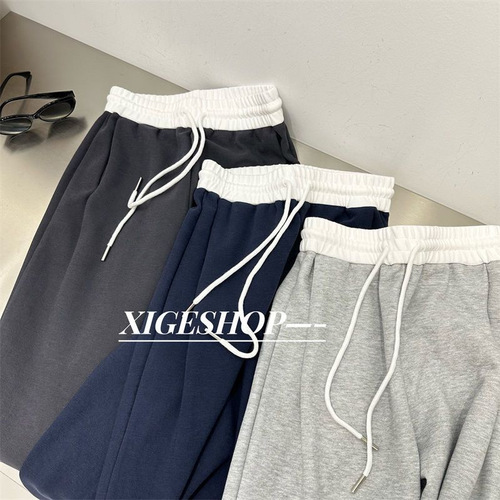 American Retro Color-Blocking Splicing Casual Sporty Pants for Women Early Autumn Straight-Take High-Waist Slimming Loose Wide-Leg Pants