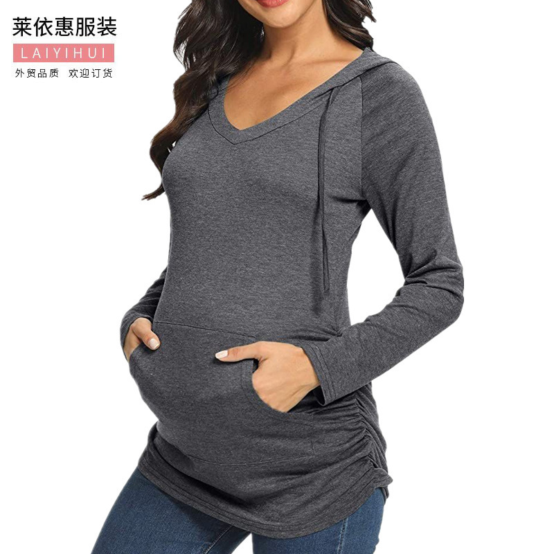 Amazon cross-border autumn and winter pregnant women's long-sleeved sweater slim V-neck slimming hooded solid color pregnant women's casual top Amazon cross-border autumn and winter pregnant women's long-sleeved sweater slim V-neck slimming hooded solid color pregnant women's casual top