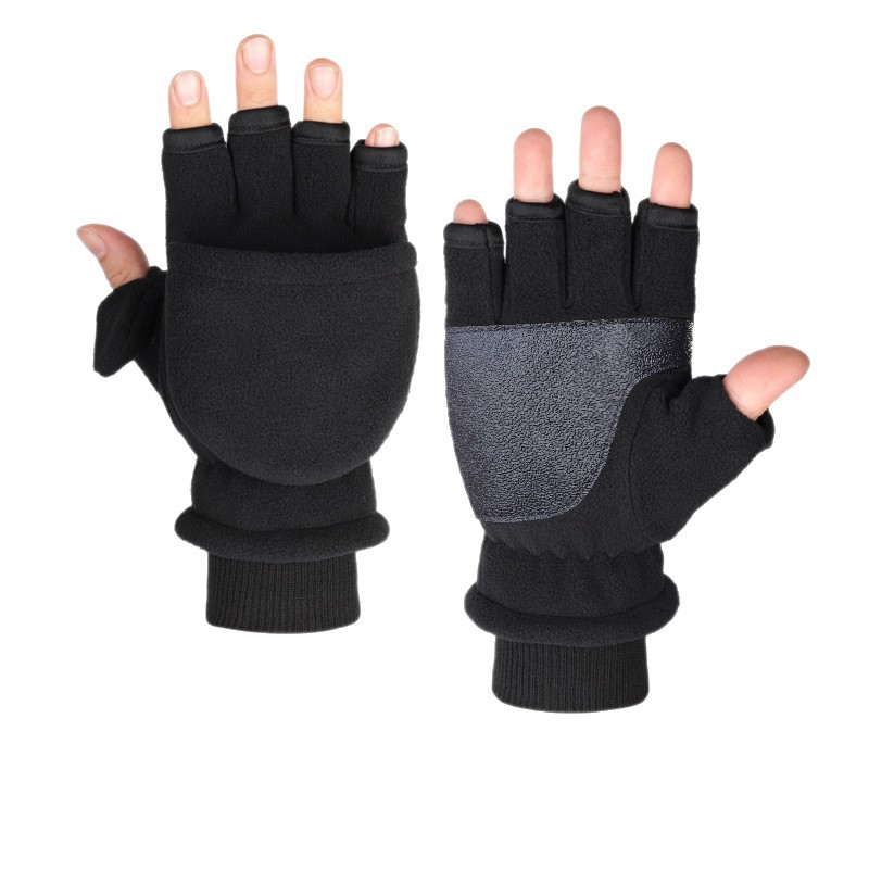 Hombres y mujeres de invierno de doble capa de forro polar cálido engrosado antideslizante dedo abierto medio dedo al aire libre polar pantalla táctil Flip guantes