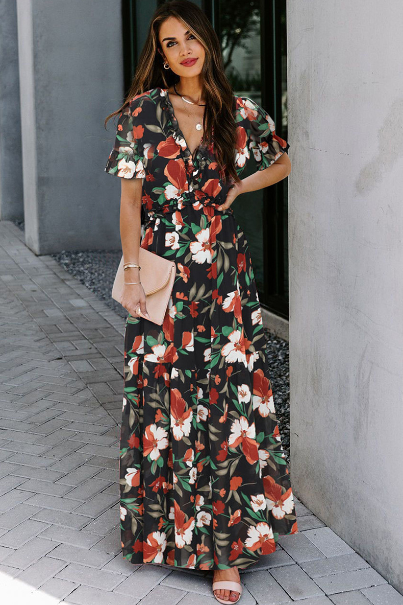 Women's Floral Dress Casual Fashion V Neck Printing Flowers Short Sleeve Flower Maxi Long Dress Holiday Daily Women's Floral Dress Casual Fashion V Neck Printing Flowers Short Sleeve Flower Maxi Long Dress Holiday Daily