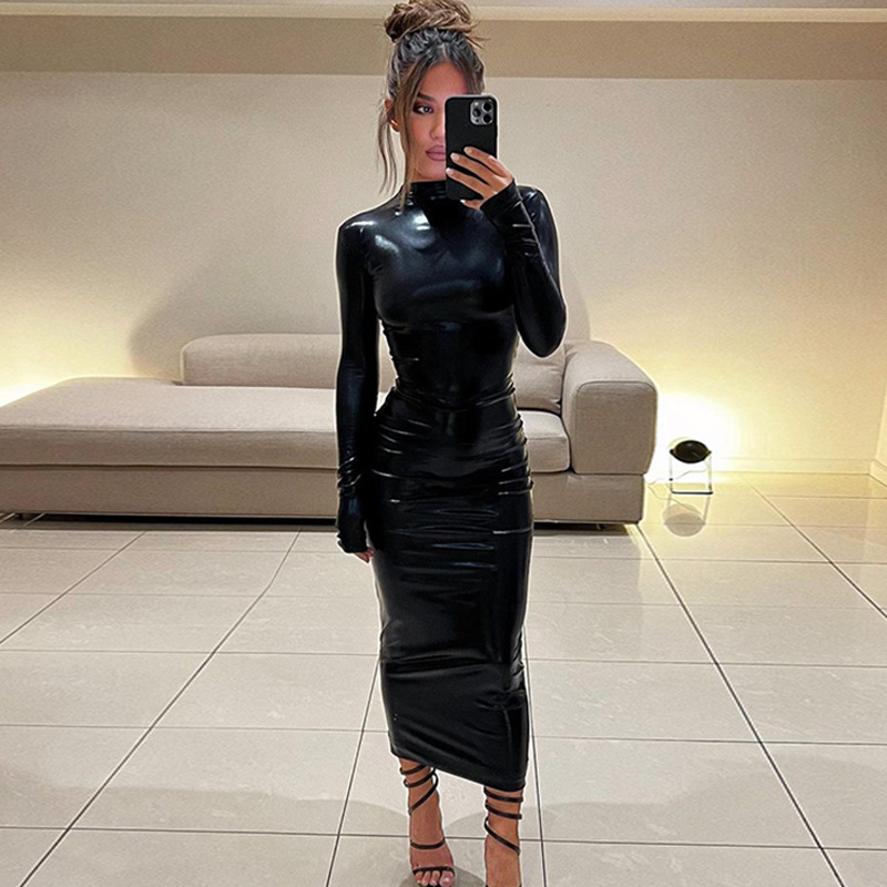 Fashion Solid Color Round Neck Long Sleeve Spandex Polyester Dresses Midi Dress Pencil Skirt display picture 3