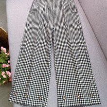 黑白格子花朵刺绣直筒八分裤2025新款百搭法式休闲裤女复古小众