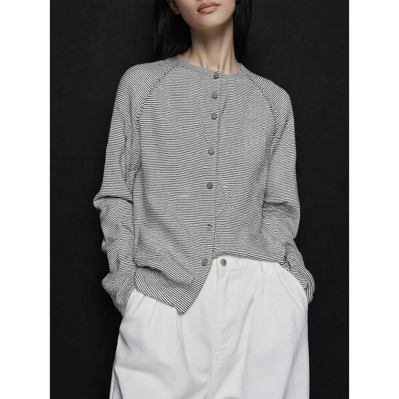 High-End Original Long-Sleeved Shirt for Women Autum New Round Neck Single-Breasted Design Silhouette Stripesd Cardigan Casual Top High-End Original Long-Sleeved Shirt for Women Autum New Round Neck Single-Breasted Design Silhouette Stripesd Cardigan Casual Top