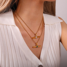 日系轻奢不锈钢镀18K金小钻石工字链简约一字小钻横条小众项链