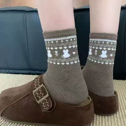 袜子女秋冬中筒袜复古费尔岛蝴蝶结小狗长筒袜潮流堆堆袜诸暨女袜