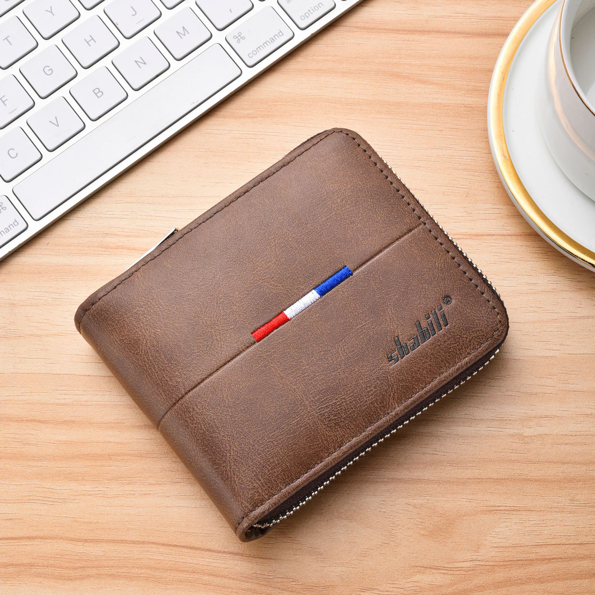 Cartera corta de hombre retro horizontal con cremallera moda clásica al por mayor