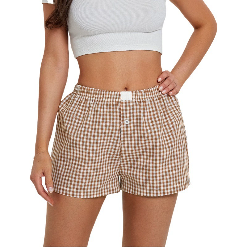 2024 новый трансграничный AliExpress летние шорты для женщин повседневный комфорт высокая талия свободная широкая нога ретро клетка
