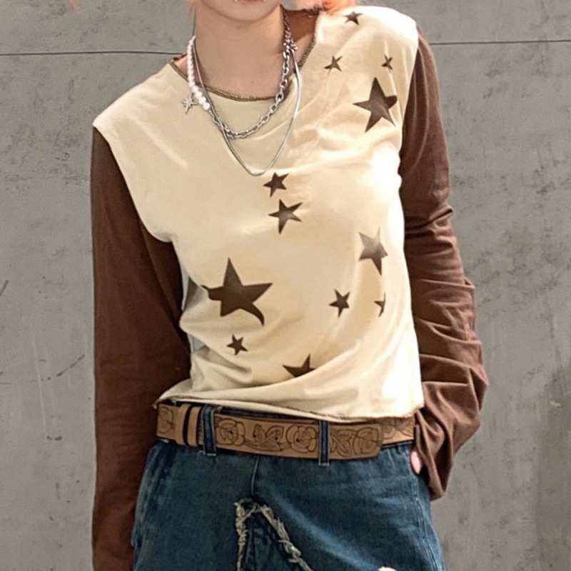 BM Harajuku-style fashion anti-car neckline contrast color flash stars printed T-shirt personality all-match micro long sleeve top