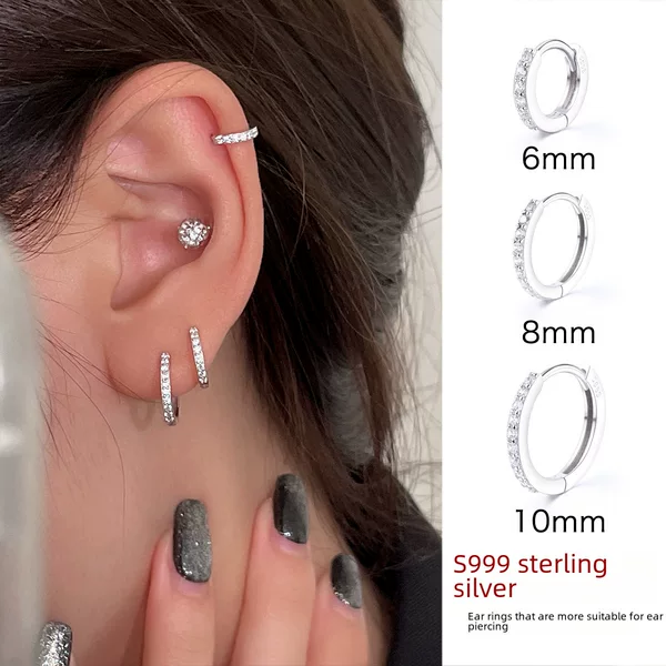 999 Sterling Silver Ear Buckle Row Diamond Zircon Earrings Women's Exquisite Korean Style High-end Fashion New ins Style Jewelry