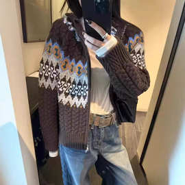 连帽提花针织开衫毛衣女复古针织羊毛衫毛衣外套女纯羊毛针织开衫
