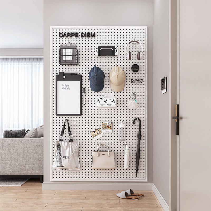 Tablero de agujero redondo, estante de estante de pared, almacenamiento de pantalla de acero inoxidable, herramientas de hardware, pared de tablero colgante universal