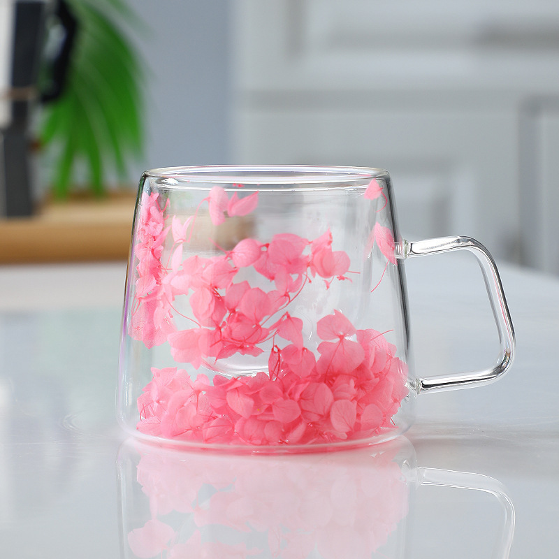 Cross-border Packaging: Trendy Real-flower Glass Cup, High-appearance Coffee Cup Handle, Double-layer Mug With Dried_voghion.com