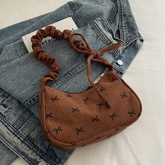 Bowknot Women's Bag 2026 New Wholesale Shoulder Bag Commuter Pleated Niche Casual Corduroy Handbag