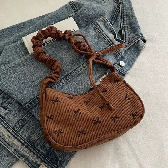 Bowknot Women's Bag 2026 New Wholesale Shoulder Bag Commuter Pleated Niche Casual Corduroy Handbag