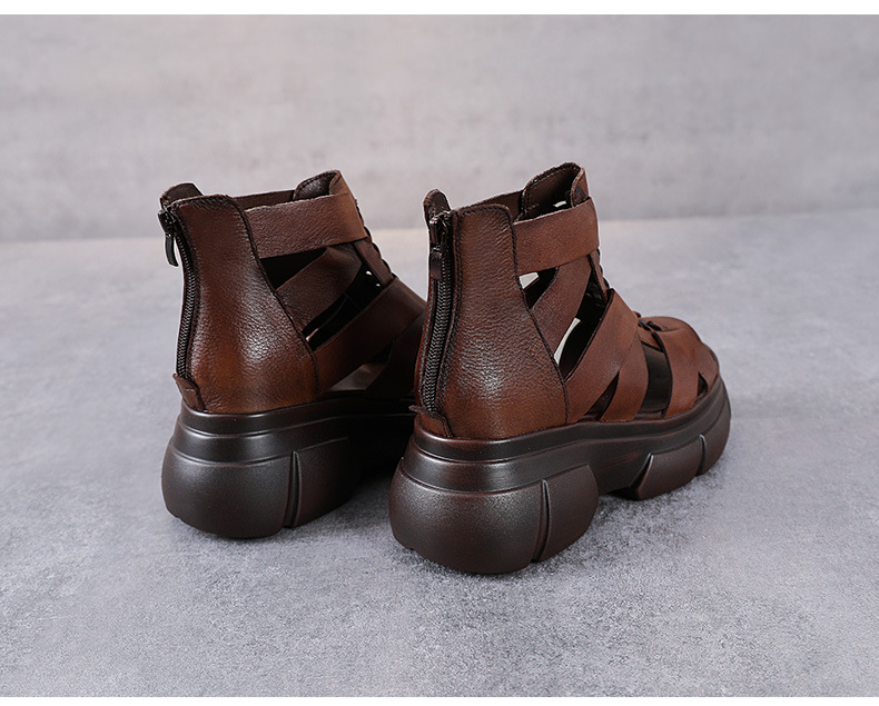Boot nữ cổ thấp hở mũi đế dày da bò, phong cách La Mã — Màu nâu chi tiết 11