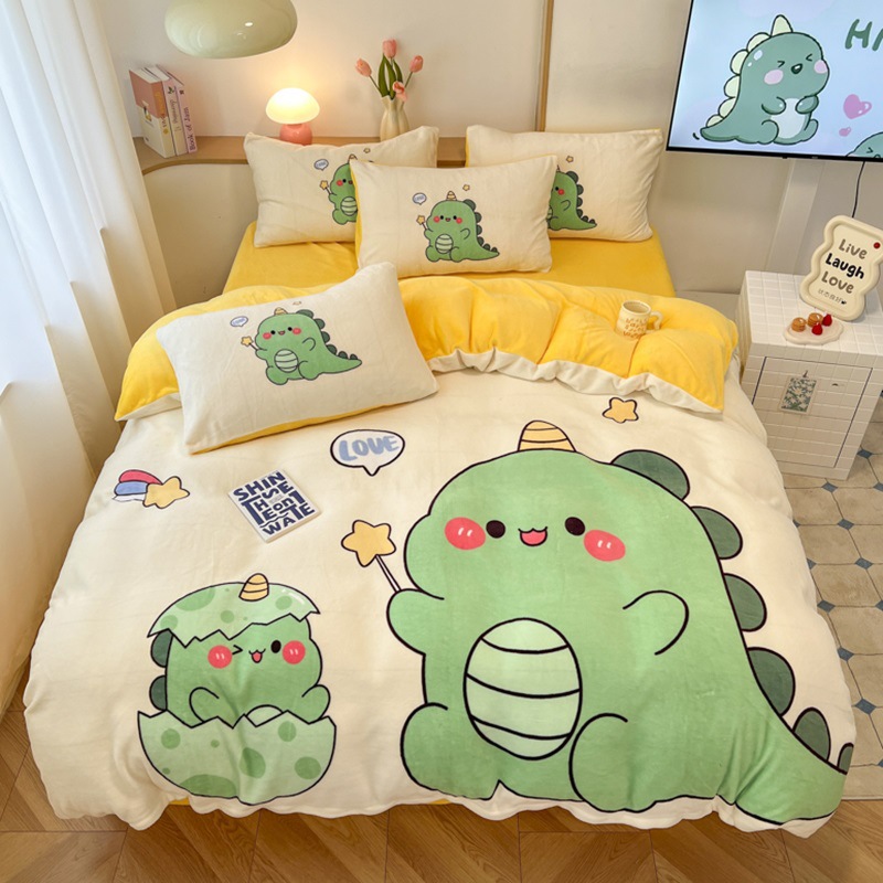 加厚牛奶绒四件套冬季加绒被套床单恐龙法兰珊瑚绒儿童床上三件套
