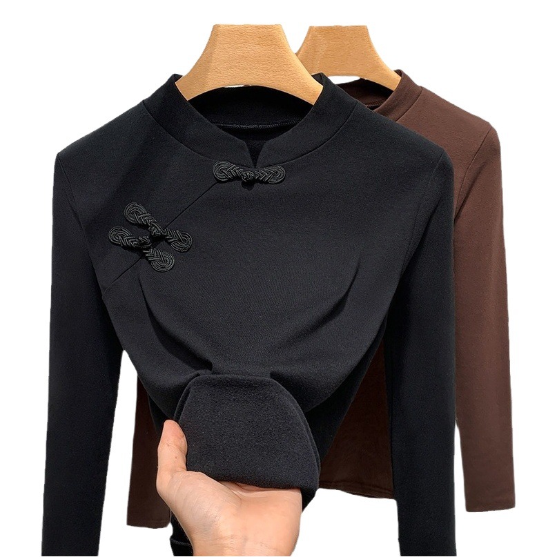 Collar de pie camisa de fondo para mujeres 2023 nueva ropa de mujer estilo occidental hebilla manga larga Camiseta cintura apretada desgaste interior nuevo estilo chino top image 1
