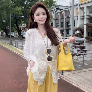 韩系蕾丝提花刺绣衬衫女2026夏季新款时尚减龄宽松别致防晒上衣