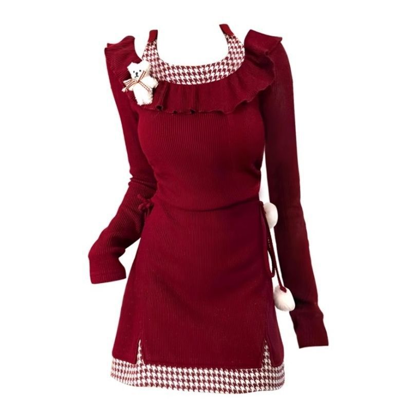 Spice Girl Christmas War Robe Ruffled Long-Sleeved Knitted dress Women's Early Spring Waist Slimming Ambitious Hip Skirt