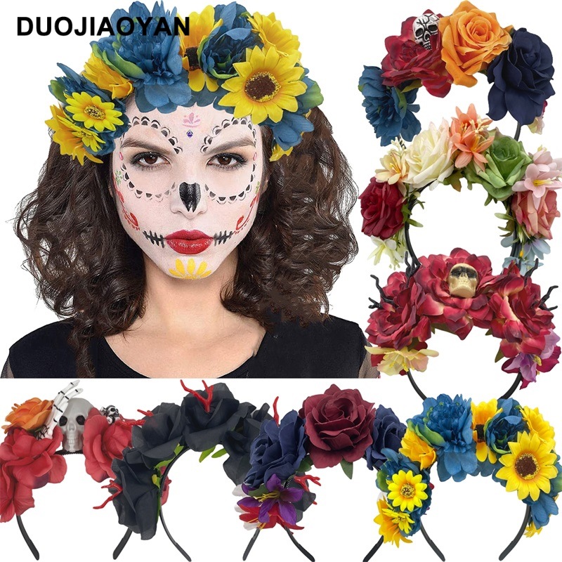 Halloween Flower Headband Day Of The Dead Floral Crown Accessory_voghion.com