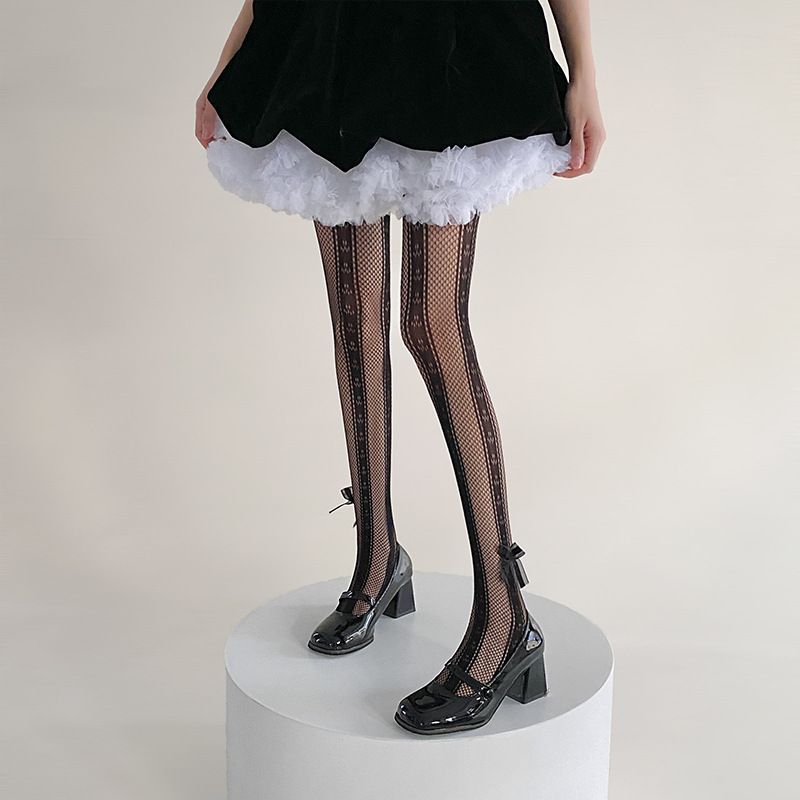 Medias de malla delgadas de verano blanco encaje vertical arco JK Lolita largo dulce encantador red de pesca hueca