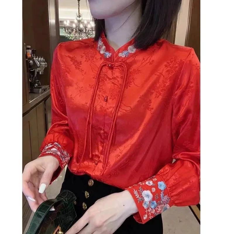 Женская одежда 2024 Весна и осень Новый китайский стиль с пряжкой Национальный стиль Модный жаккардовый Топ ниша темперамент воротник-стойка Высококачественная рубашка