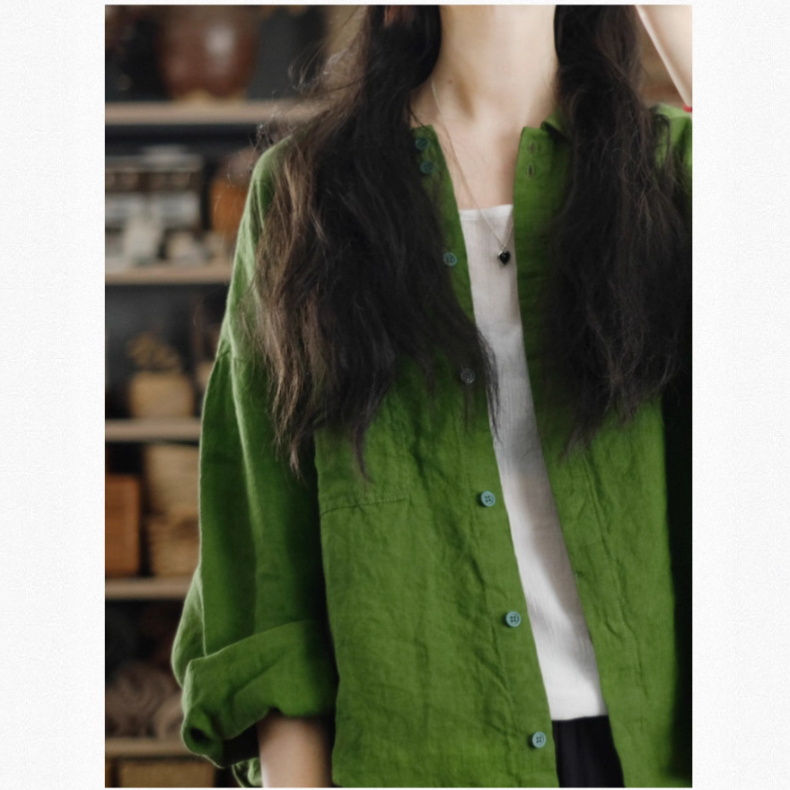 Gentle Enrollment Green Linen Loose Shirt Autum New Shirt Women's Lapel Long-Sleeved Shirt Cardigan Casual Jacket