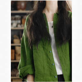 绿亚麻宽松衬衫秋季新款女翻领长袖衬衣开衫休闲外套亚麻衬衫女