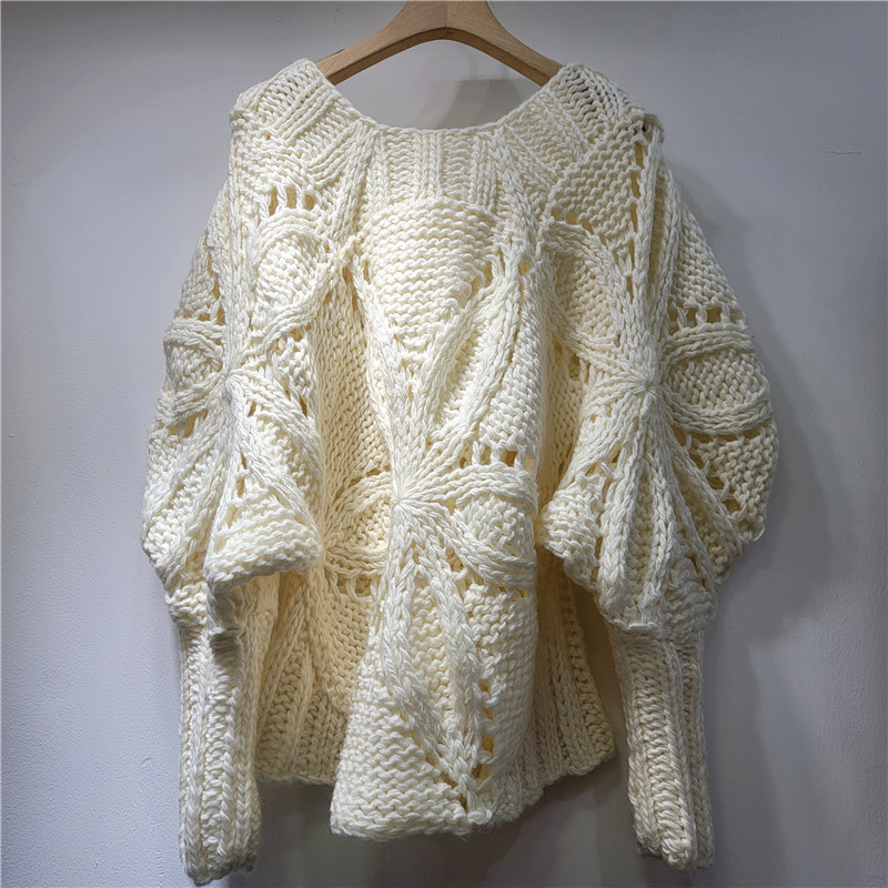 Flores ganchos hechos a mano cuello redondo burbuja manga aguja hookah femenina retro 2025 otoño invierno engrosado personalidad suéter corto image 2