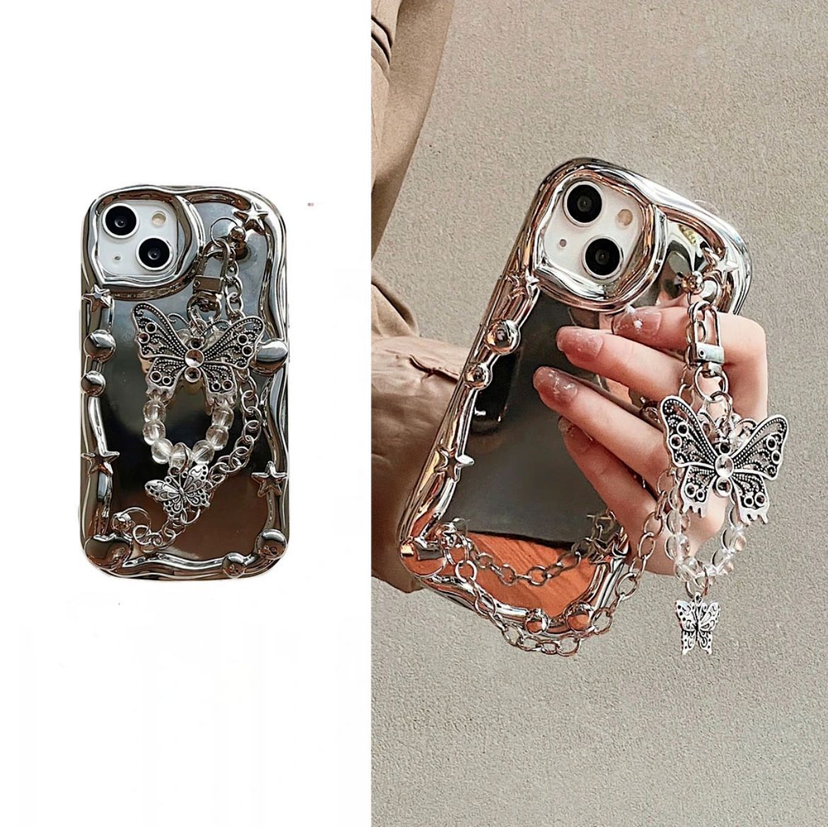 Advanced Electroplated Mirror Phone Case With Bow Chain Design_voghion.com