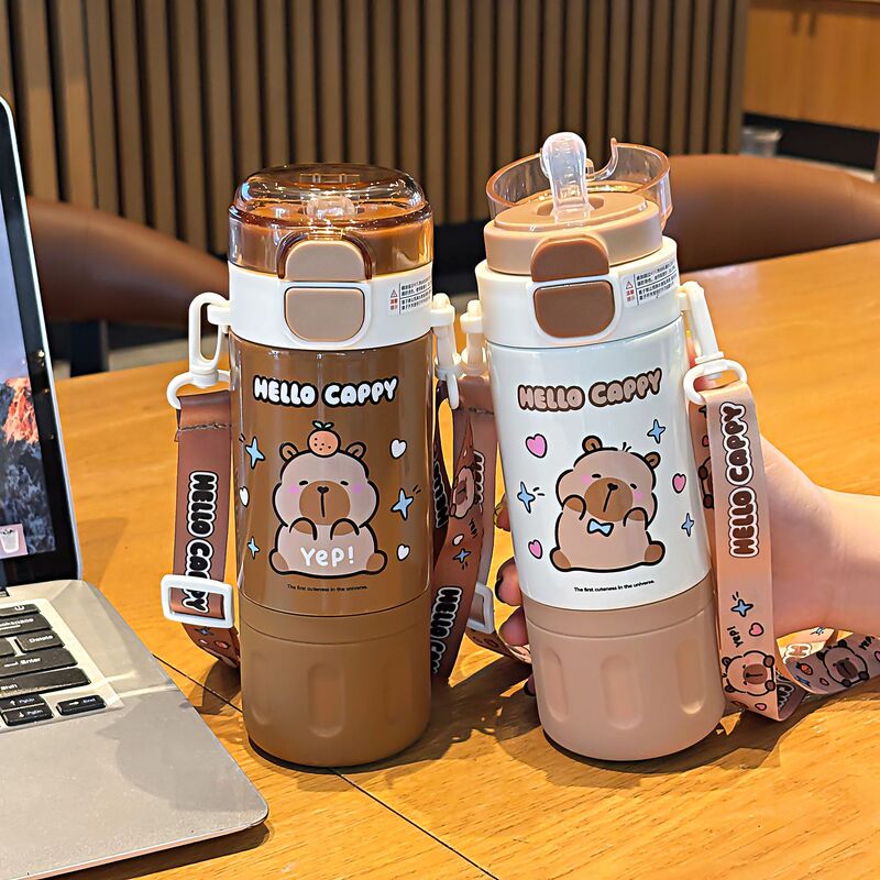 かわいいカピバラカップダブルドリンク学生魔法瓶カップ調節可能なカップロープ持ち運びが簡単シリコンノズルウォーターカップ|undefined