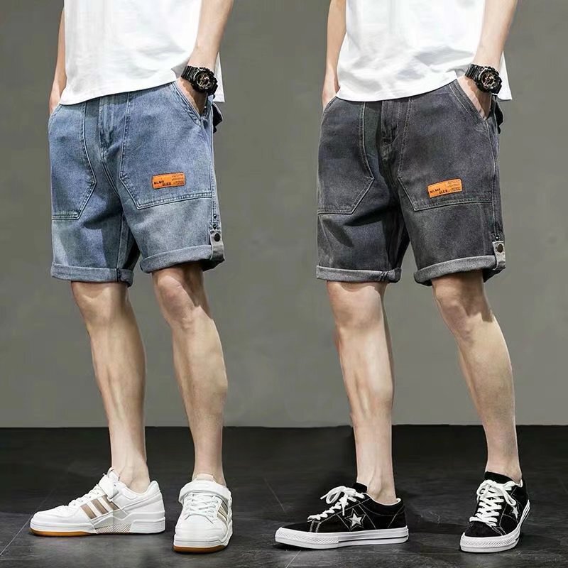 Denim Shorts Men's Trendy Loose Five-Quarter Pants Casual Large Size Elastic Waist Ripped Korean Style Outer Wear Mid-Pants