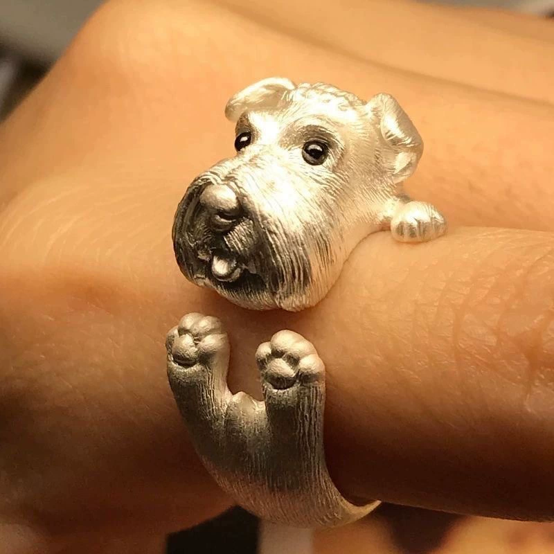 Original Design Handmade Schnauzer Puppy Animal Ring Imitation Silver Open Ring Inlaid with Couple Engraving for Chinese Valentine's Day