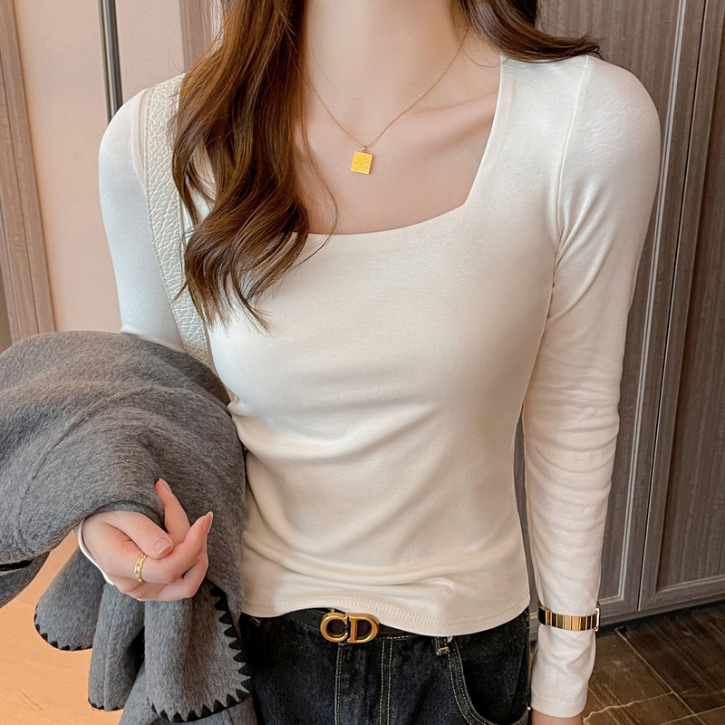 Carefully Selected Spring & Fall New Pure Cotton Long-Sleeved T-Shirts for Women with a Design That Can Be Worn Outside, Slim-Fitting Tops and Bottoming Shirts