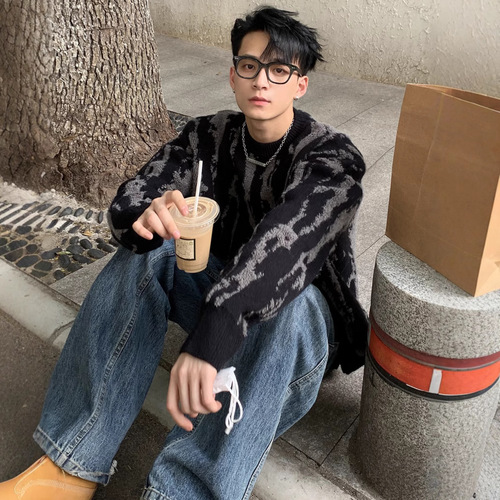 Autumn/Winter Trend Brand Streetwear Colorblock Relaxed Style Coarse Knit Korean Style Men's Thick & Versatile Sweater