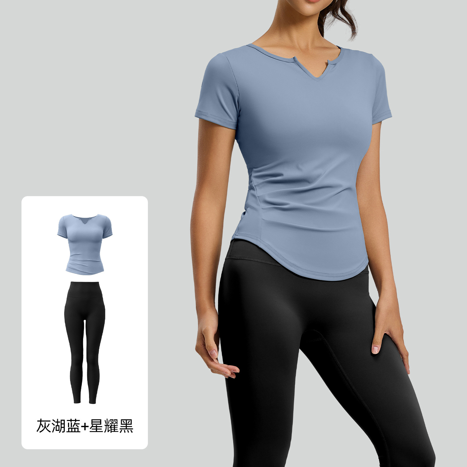 Juyitang traje deportivo con cuello en V nude fitness plisado camiseta todo fósforo top deportivo traje de yoga para correr mujer