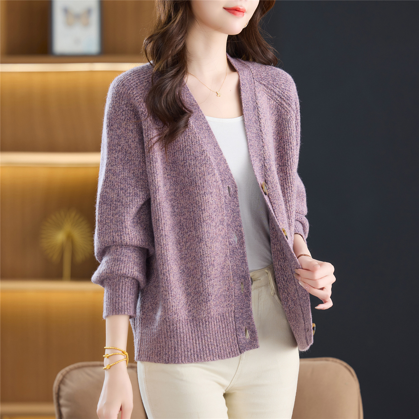 春秋冬季花色毛线衣圆领加厚款针织开衫披肩短大码V领毛衣外套女